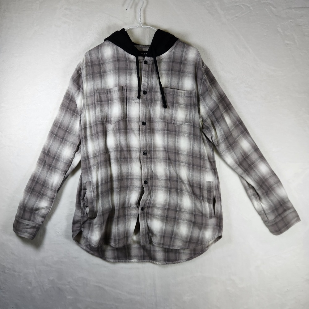 PacSun Los Angeles Gray White Plaid Hooded Flannel Shirt Mens Sz‎ Large Shacket